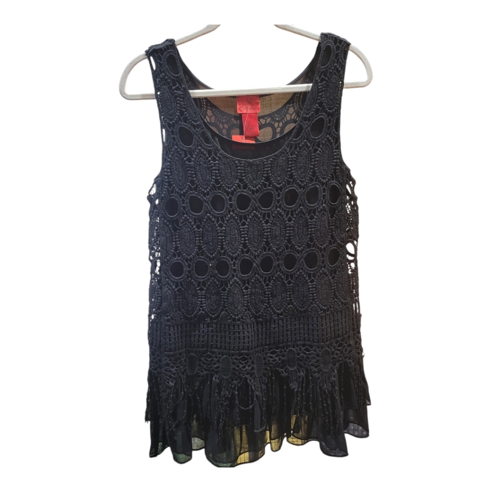 V Cristina Black Layered Tank Style Tunic Top Macrame Outer layer Fringed Sz Sm